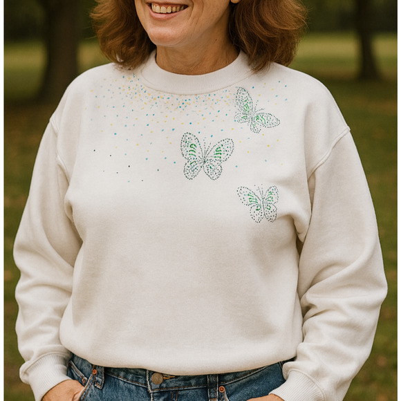Top Stitch By Morning Sun Tops - VTG Morning Sun Sweatshirt Womens XL White Pastel Butterfly Metal Embellishments